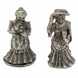 2 Vintage Victorian Metal Lady Figurines Mini Sculptures 1” Tall